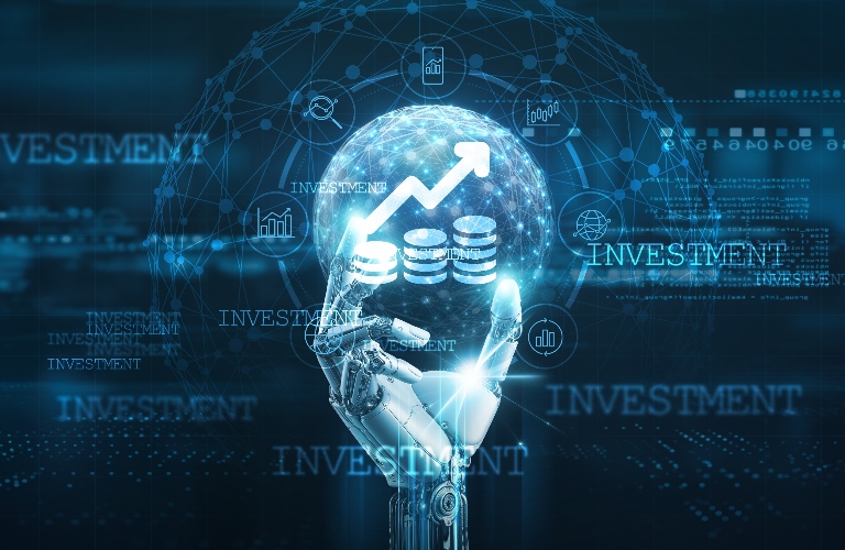 Hands of robot hold investment management network connection