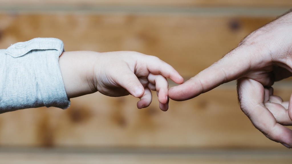 small baby boy holding finger of father