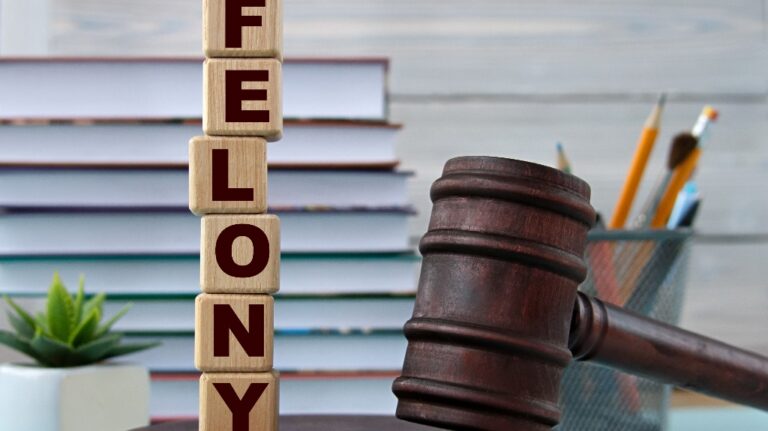 The word FELONY on wooden cubes against the background of the judge's gavel