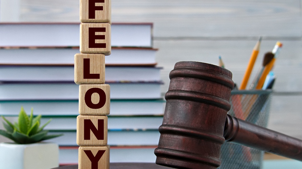 The word FELONY on wooden cubes against the background of the judge's gavel
